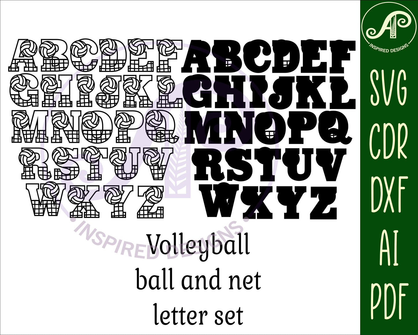 Volleyball net and ball alphabet letter set. 26 letter options