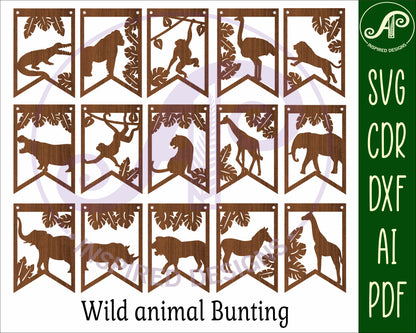 Wild animal bunting banner SVG laser cut, instant download Pdf, Dxf, Ai and Cdr template.