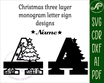 Christmas tree layered monogram sign SVG / DXF / AI / PDF / CDR