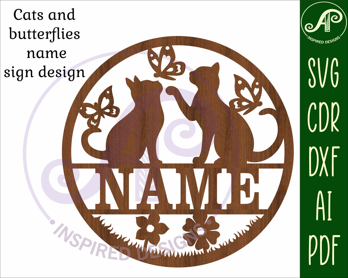 Cat and butterflies name wall sign. SVG / DXF / AI / PDF / CDR