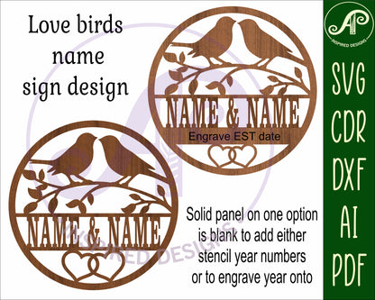 Love birds anniversary name wall sign. SVG / DXF / AI / PDF / CDR