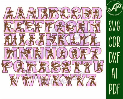 Martial arts female alphabet letter set. 52 letter options