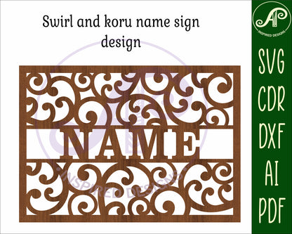 Swirls and koru name wall sign. SVG / DXF / AI / PDF / CDR