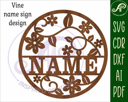 Vine flowers name wall sign. SVG / DXF / AI / PDF / CDR