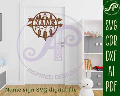 Feather and arrow name wall sign. SVG / DXF / AI / PDF / CDR