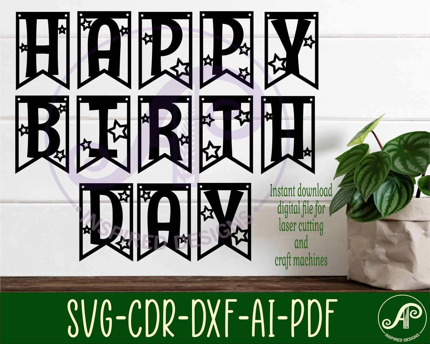 Happy birthday bunting banner SVG laser cut, instant download Pdf, Dxf, Ai and Cdr template.