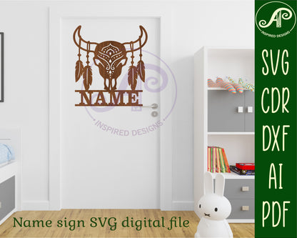 cow skull with feathers design shape name sign SVG / DXF / AI / PDF / CDR