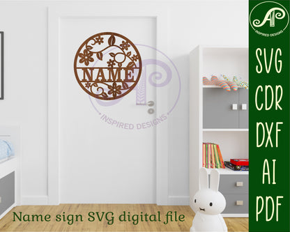 Vine flowers name wall sign. SVG / DXF / AI / PDF / CDR