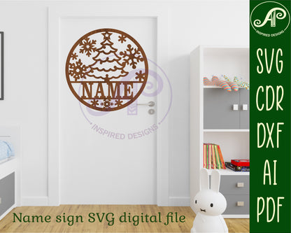 Christmas tree and snowflakes name wall sign. SVG / DXF / AI / PDF / CDR