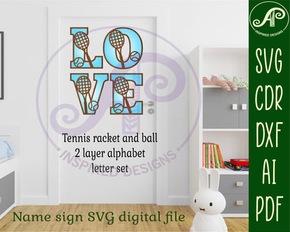 Tennis racket and ball alphabet letter set. 26 letter options