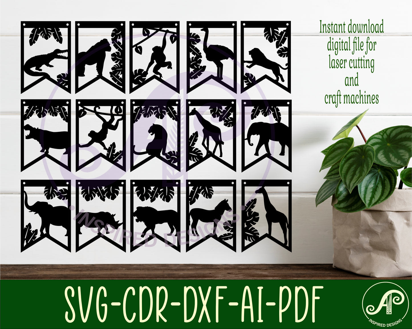 Wild animal bunting banner SVG laser cut, instant download Pdf, Dxf, Ai and Cdr template.