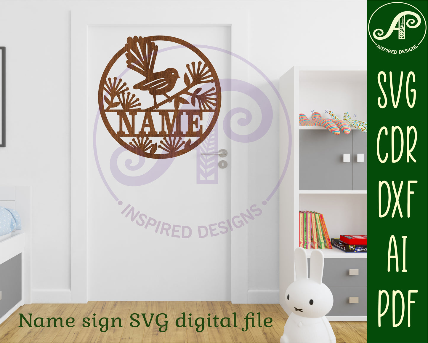 Fantail bird name wall sign. SVG / DXF / AI / PDF / CDR