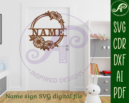 Daisy wreath name wall sign. SVG / DXF / AI / PDF / CDR