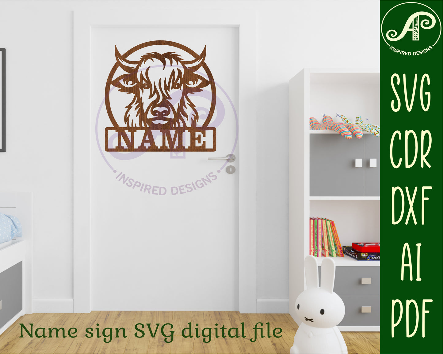 Highland cow detailed shape name sign SVG / DXF / AI / PDF / CDR