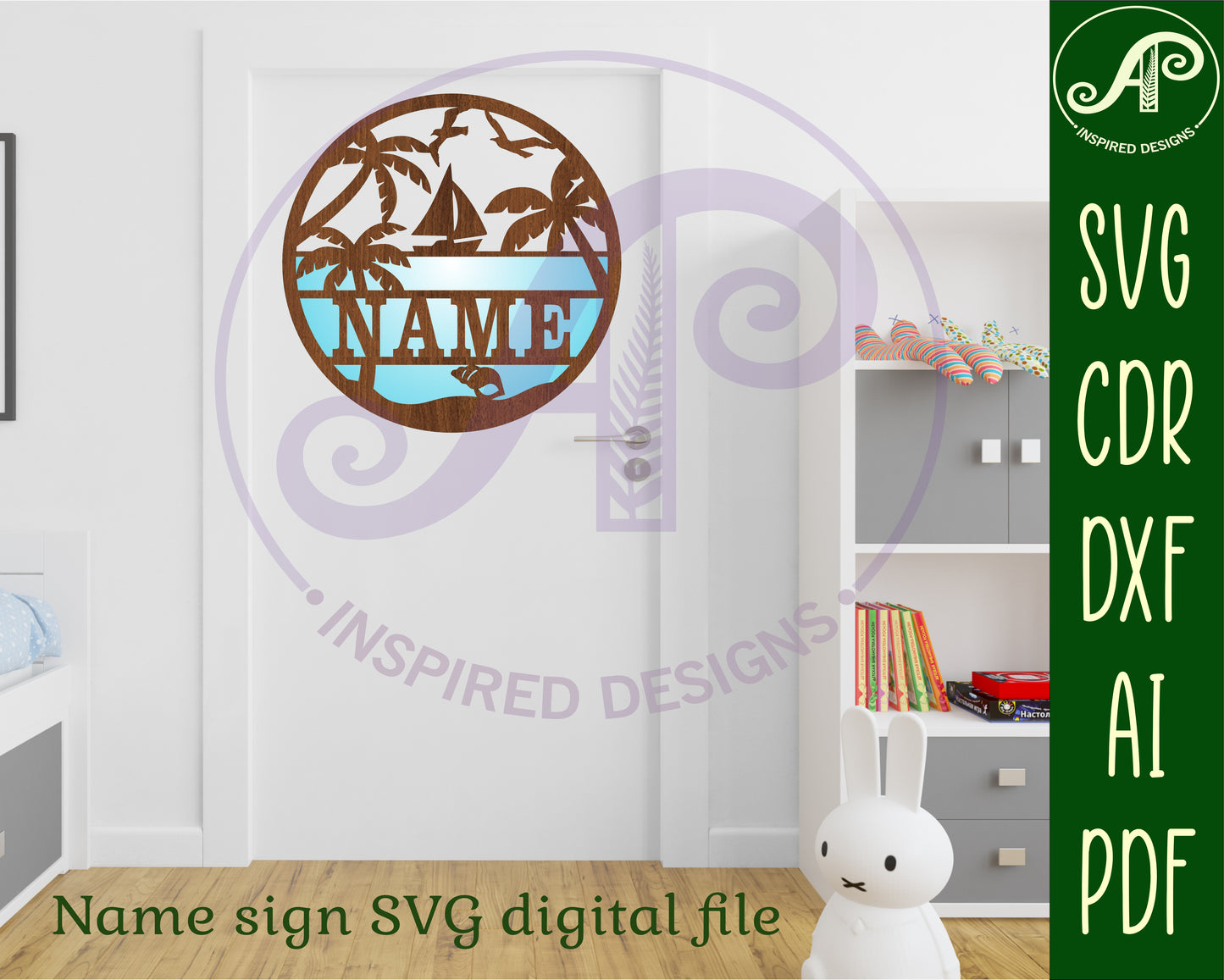 Beach scene name wall sign. SVG / DXF / AI / PDF / CDR