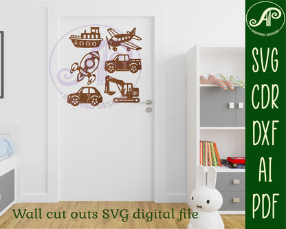 Transport vehicles designs, 6 silhouette shapes wall signs