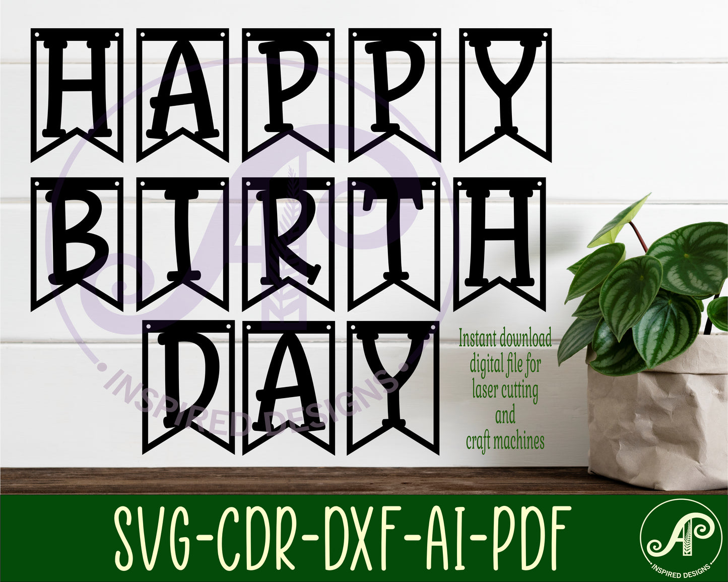 Happy birthday bunting SVG laser cut, instant download Pdf, Dxf, Ai and Cdr template.