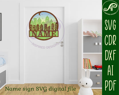 City scene layered name wall sign. SVG / DXF / AI / PDF / CDR