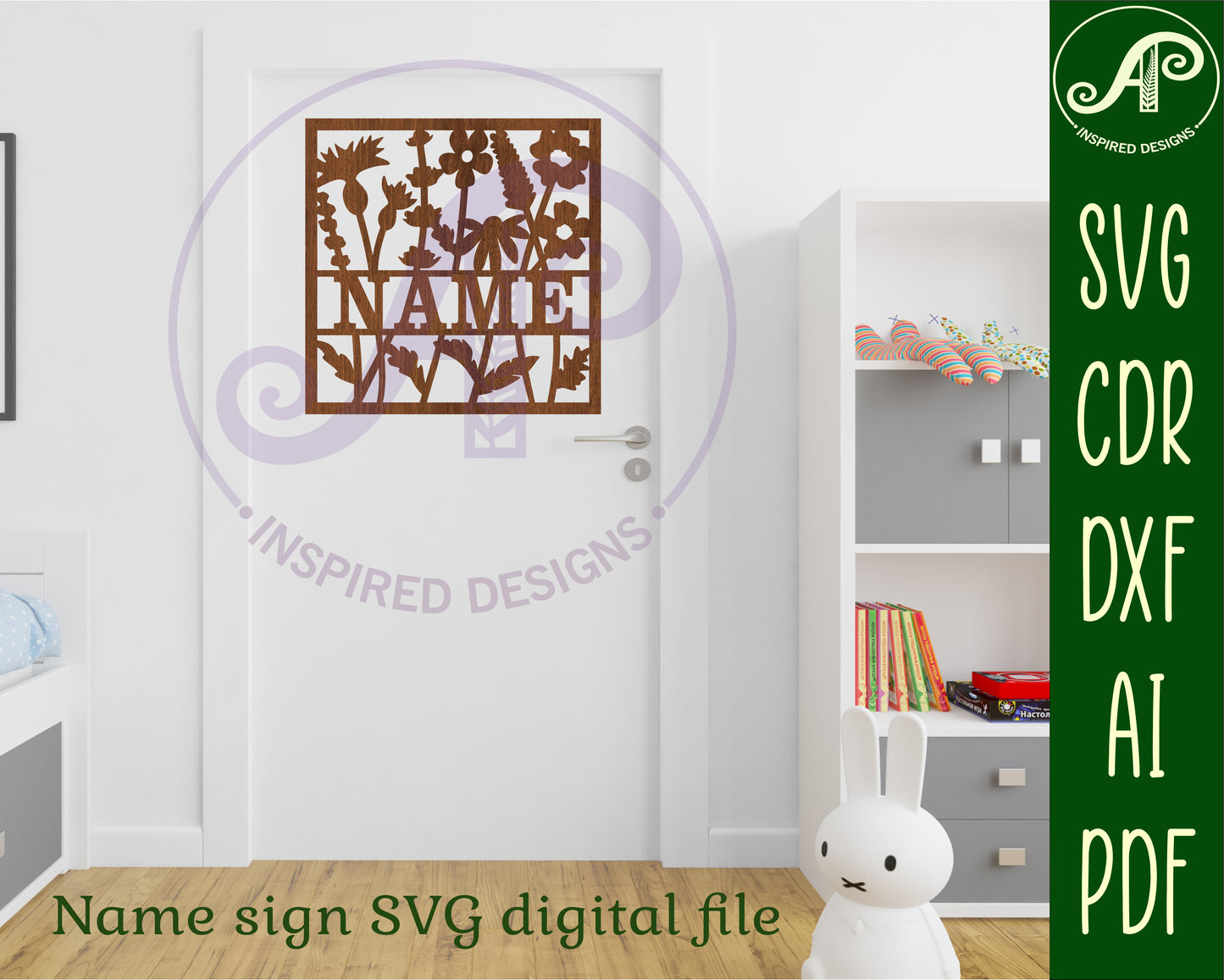 Wild flowers square name wall sign. SVG / DXF / AI / PDF / CDR