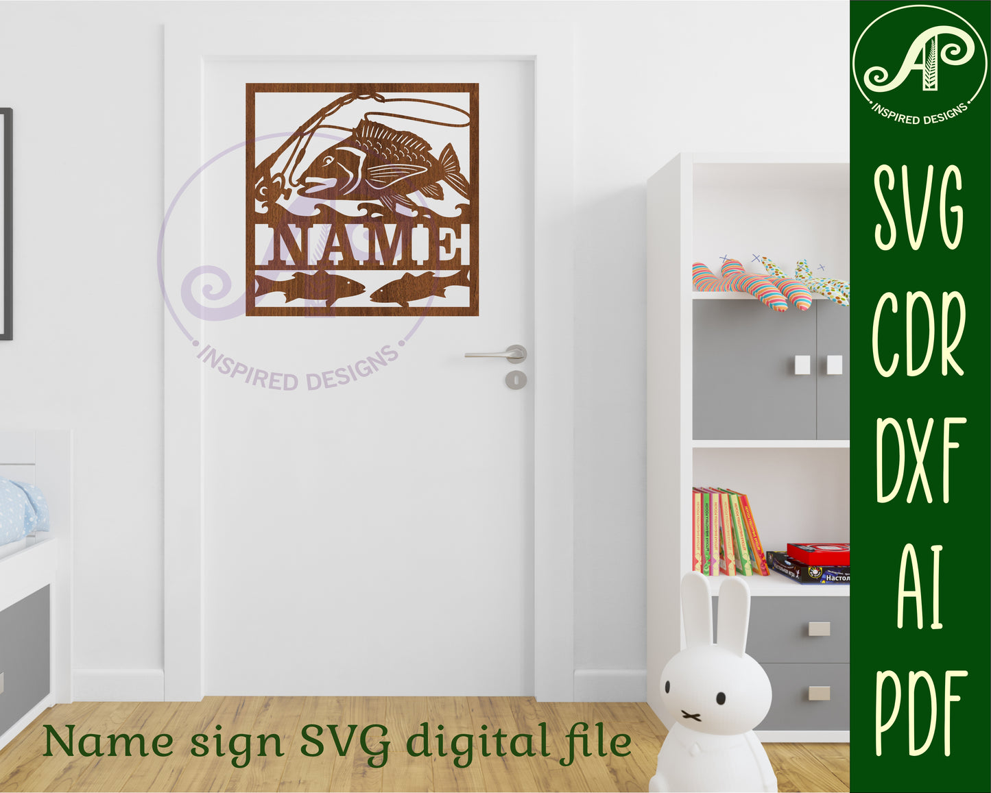 Ocean fishing square name wall sign. SVG / DXF / AI / PDF / CDR