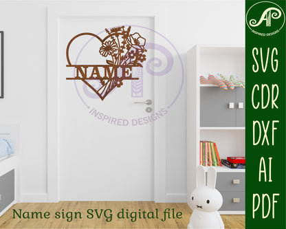 Heart wild flowers name wall sign. SVG / DXF / AI / PDF / CDR