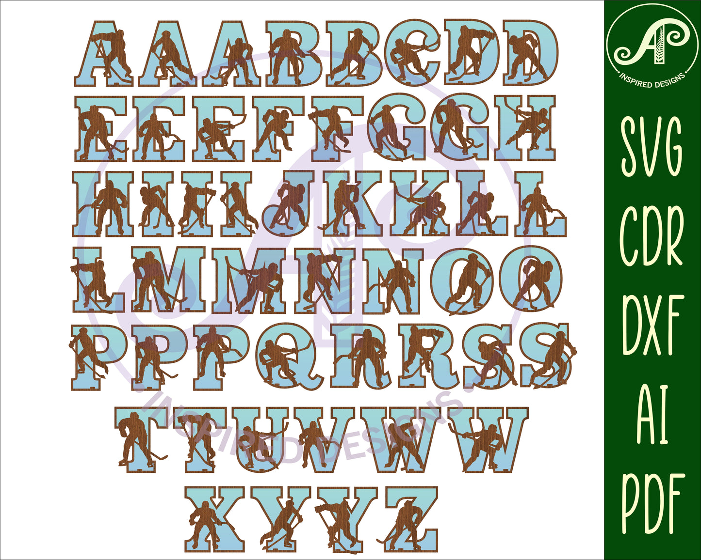 Ice Hockey male alphabet letter set. 50 letter options