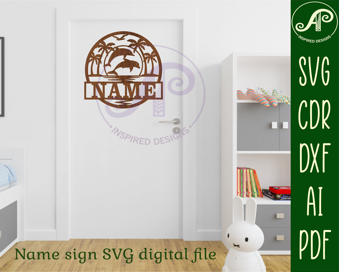 Sunset Dolphin name wall sign. SVG / DXF / AI / PDF / CDR