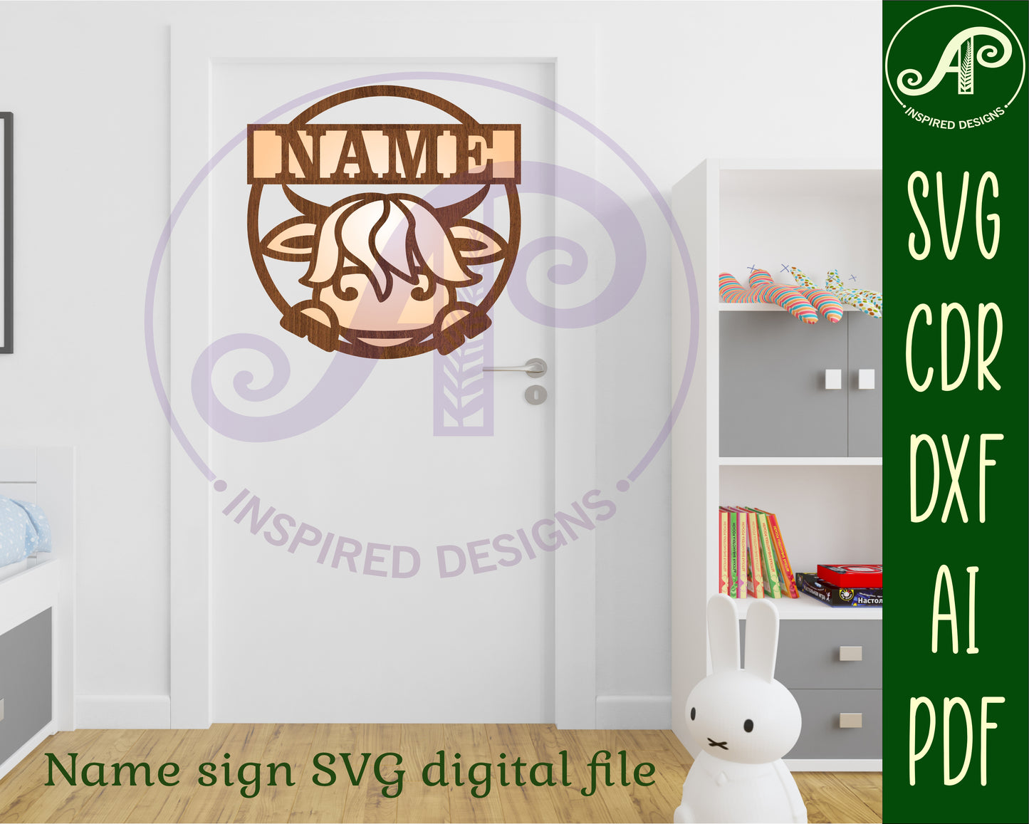 Cute Highland cow single name wall sign. SVG / DXF / AI / PDF / CDR