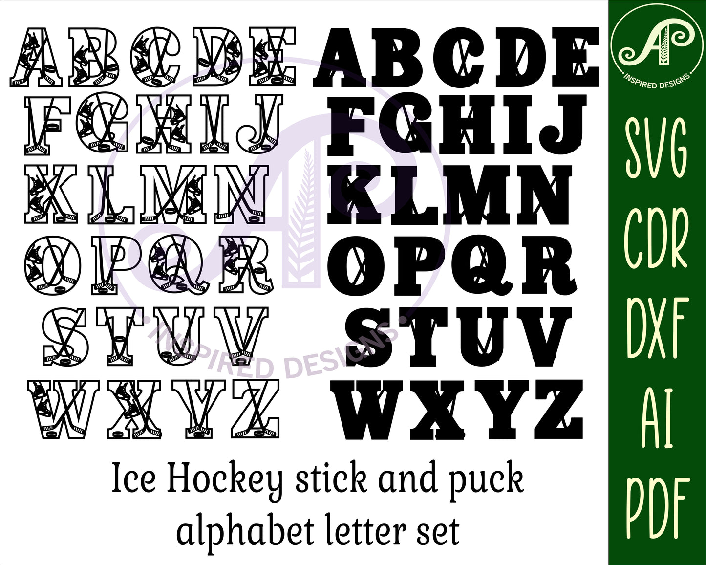 Ice Hockey stick and puck alphabet letter set. 26 letter options