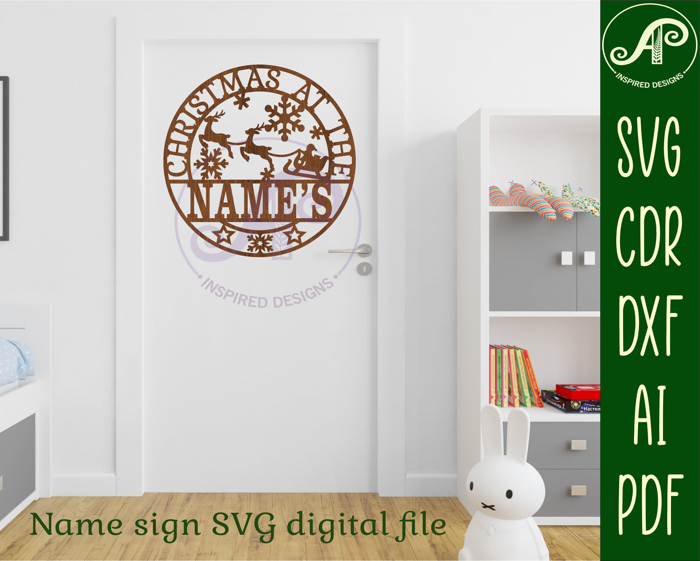 Christmas name wall sign - Santa sleigh. SVG / DXF / AI / PDF / CDR