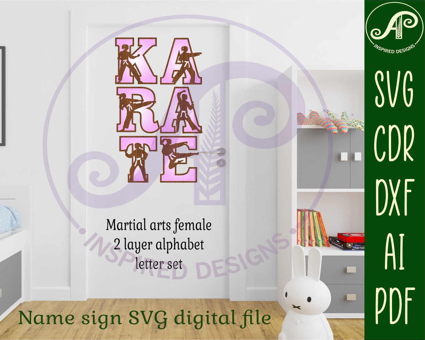 Martial arts female alphabet letter set. 52 letter options