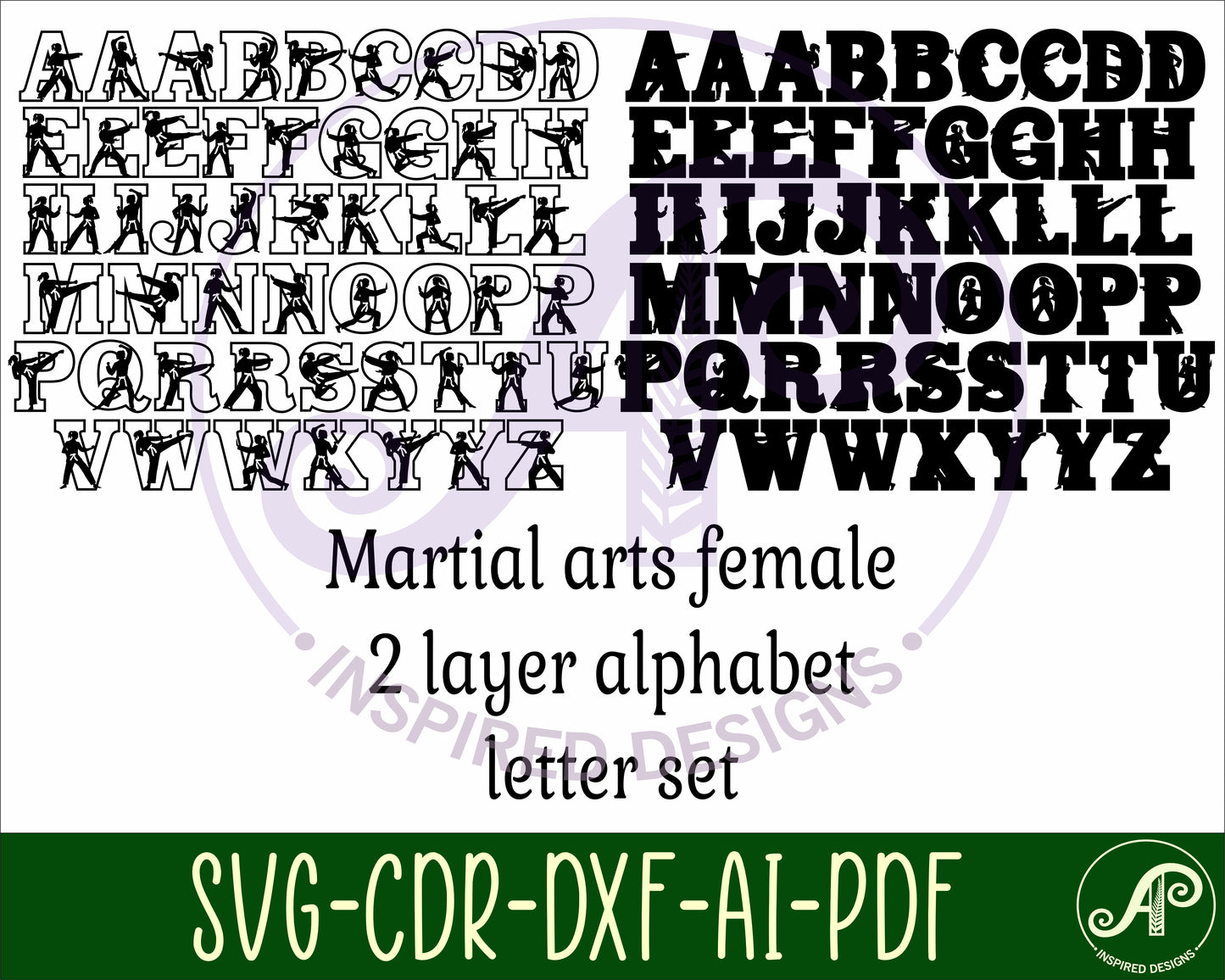 Martial arts female alphabet letter set. 52 letter options