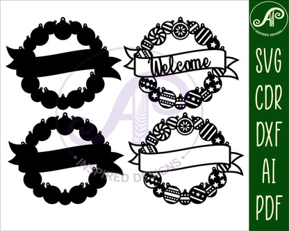 Christmas bauble wreath with banner wall sign design SVG / DXF / AI / PDF / CDR