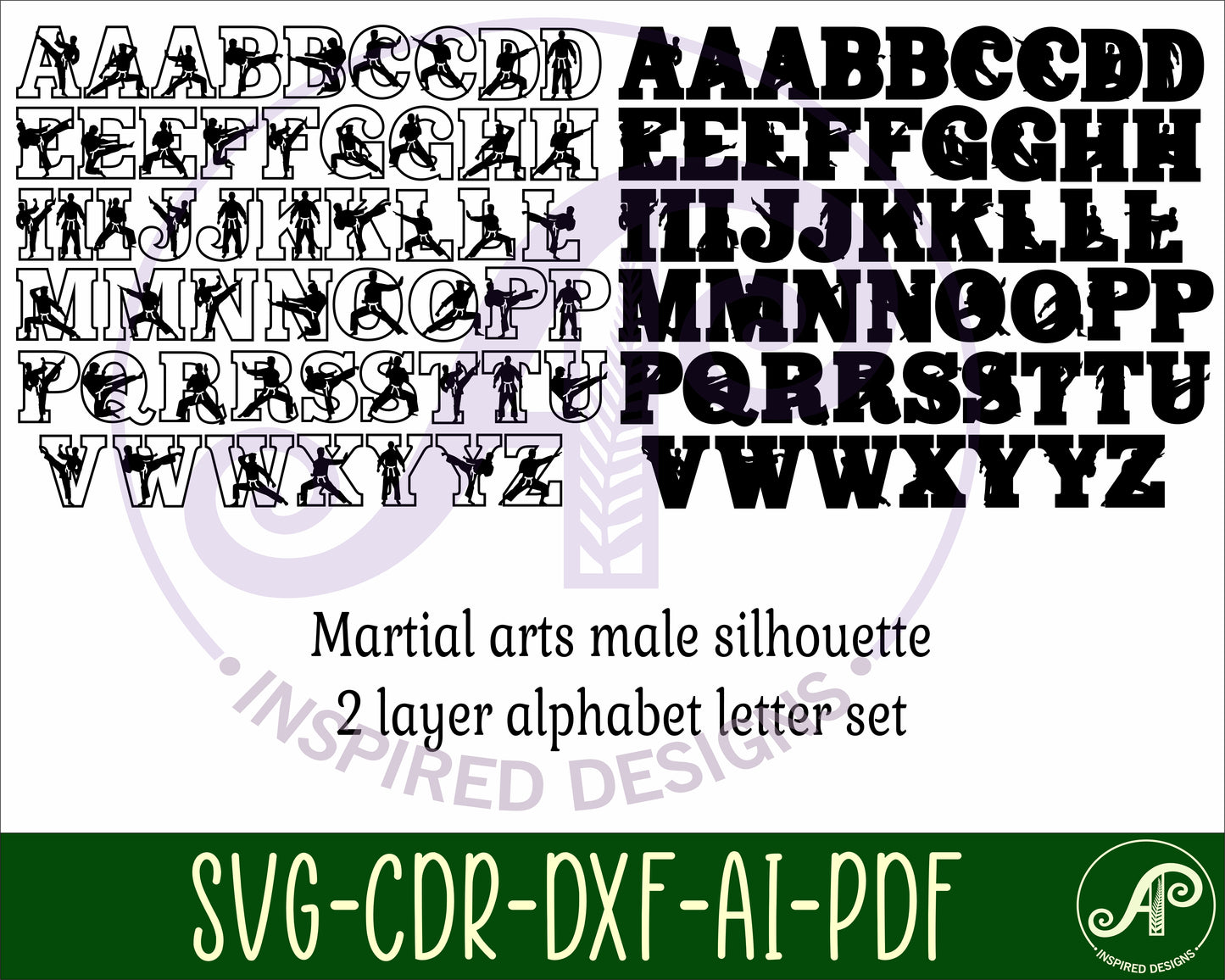 Martial arts male alphabet letter set. 52 letter options