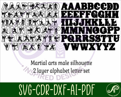 Martial arts male alphabet letter set. 52 letter options