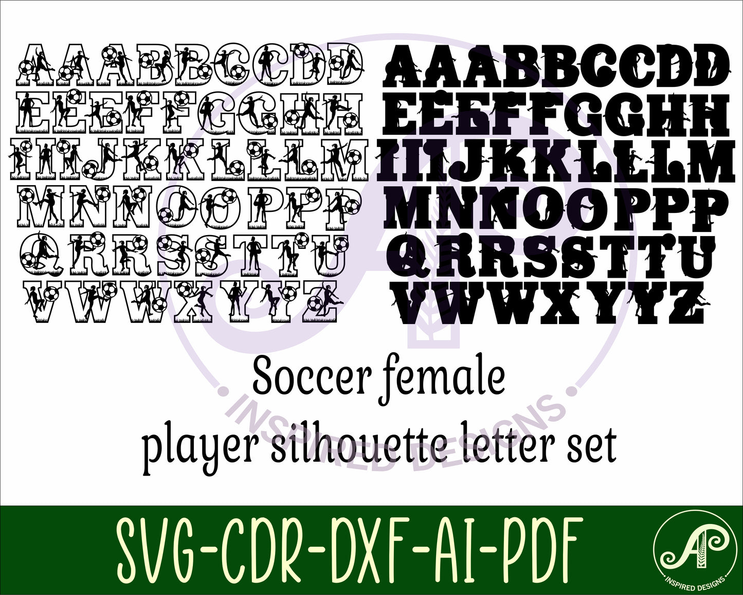 Soccer female alphabet letter set. 51 letter options