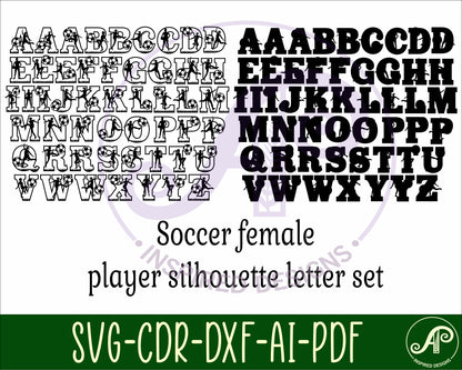 Soccer female alphabet letter set. 51 letter options