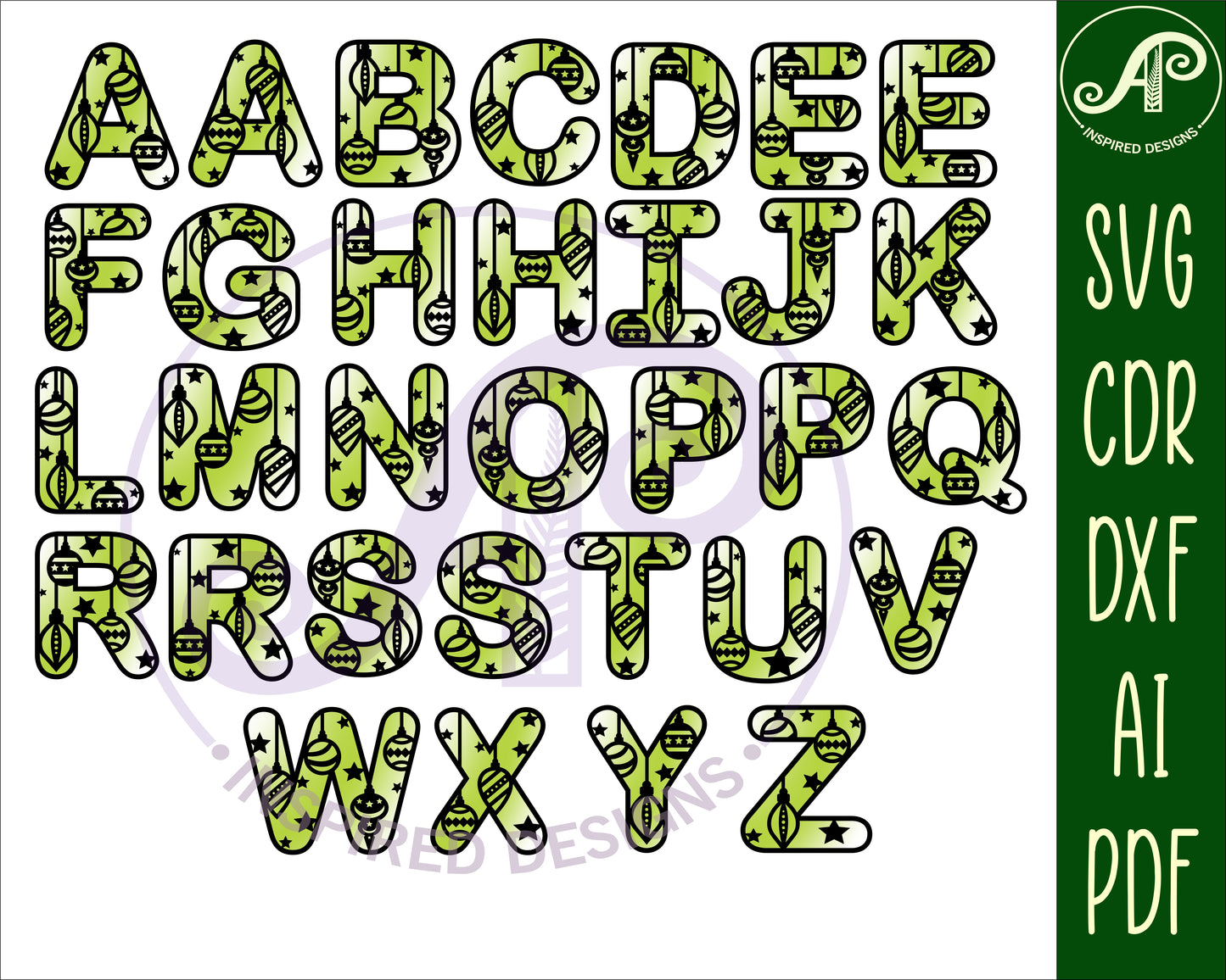 Christmas baubles alphabet letter set. 32 letter options