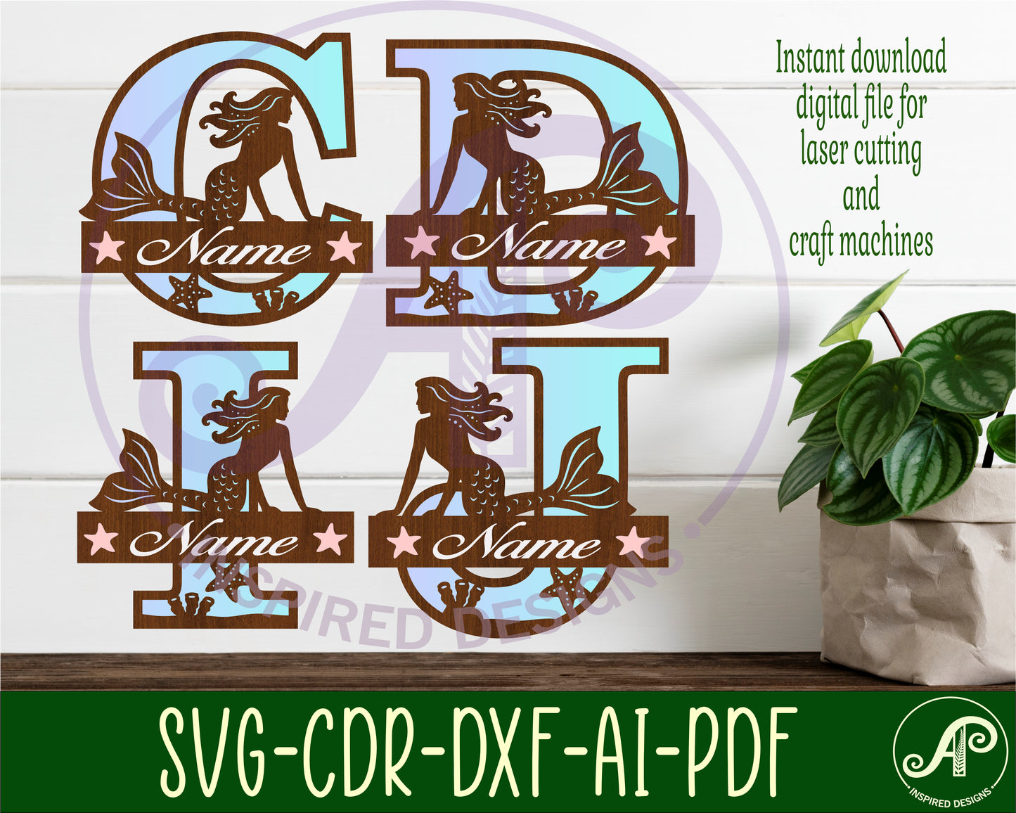 Mermaid layered monogram sign SVG / DXF / AI / PDF / CDR