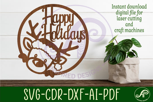 Reindeer happy holidays wall sign design SVG / DXF / AI / PDF / CDR