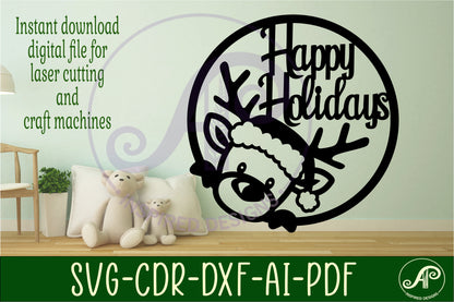 Reindeer happy holidays wall sign design SVG / DXF / AI / PDF / CDR