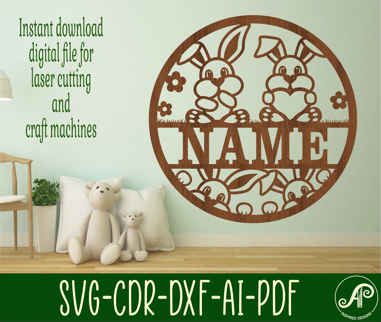 Bunnies name wall sign. SVG / DXF / AI / PDF / CDR