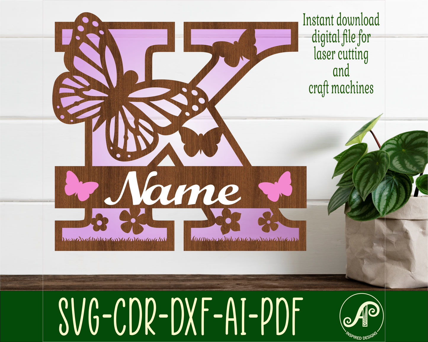 Butterfly layered monogram sign SVG / DXF / AI / PDF / CDR