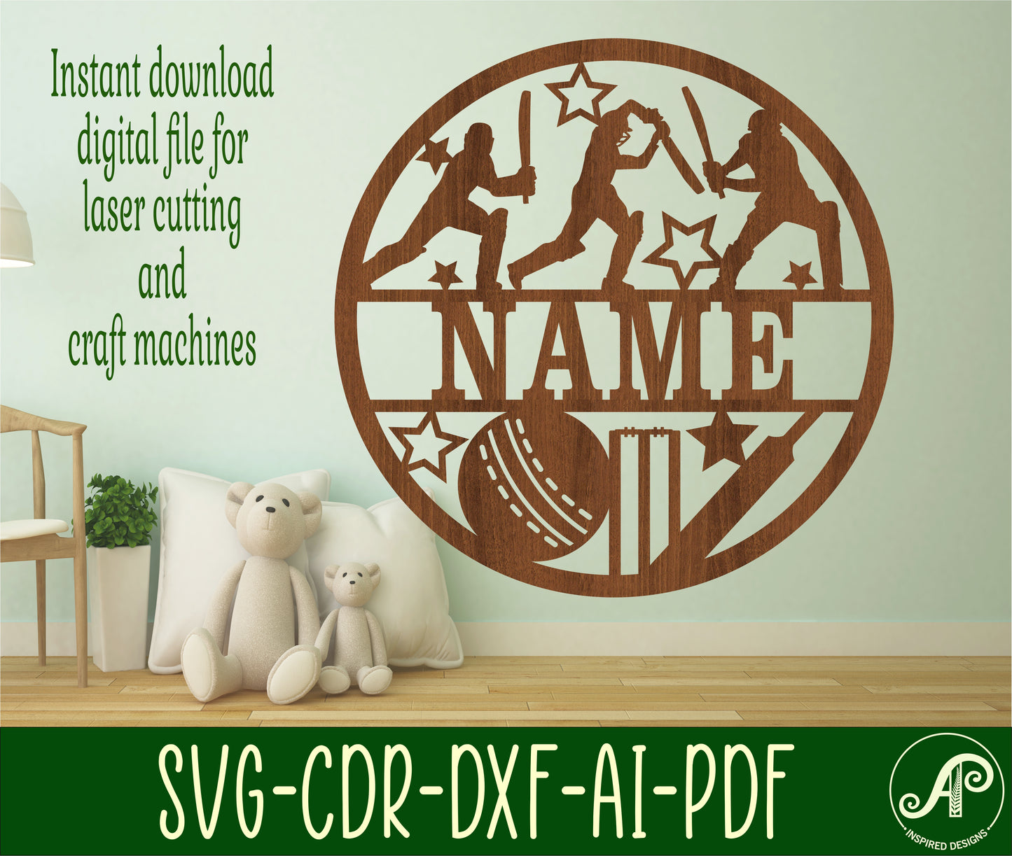 Cricket name wall sign. SVG / DXF / AI / PDF / CDR