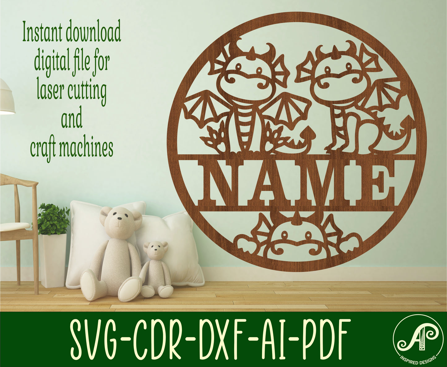 Cute Dragons name wall sign. SVG / DXF / AI / PDF / CDR