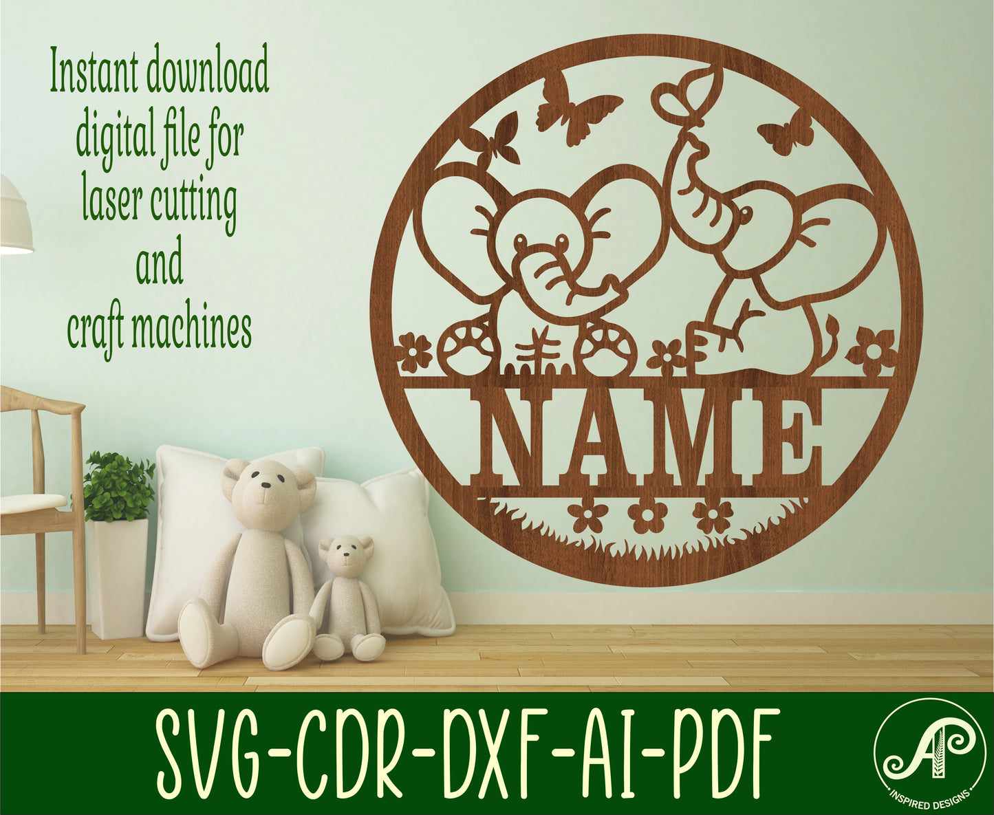 Cute Elephants name wall sign. SVG / DXF / AI / PDF / CDR