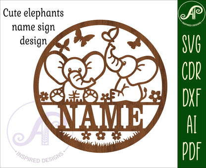 Cute Elephants name wall sign. SVG / DXF / AI / PDF / CDR