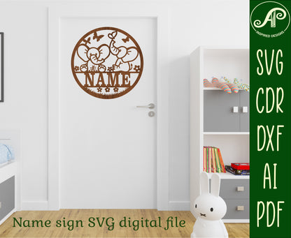 Cute Elephants name wall sign. SVG / DXF / AI / PDF / CDR