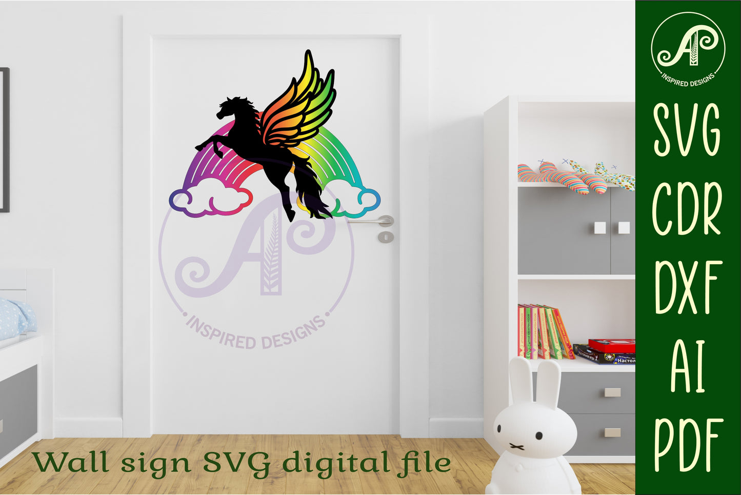 Pegasus and rainbow wall sign design SVG / DXF / AI / PDF / CDR