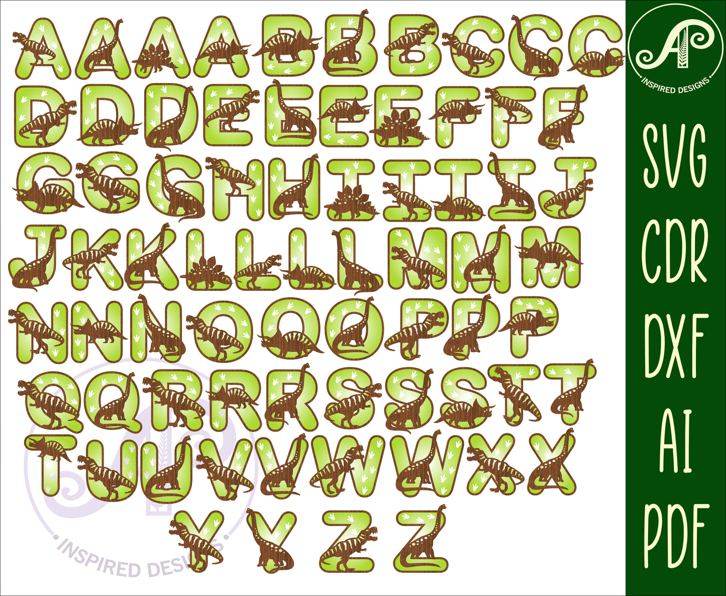 Dinosaur alphabet letter set. 72 letter options